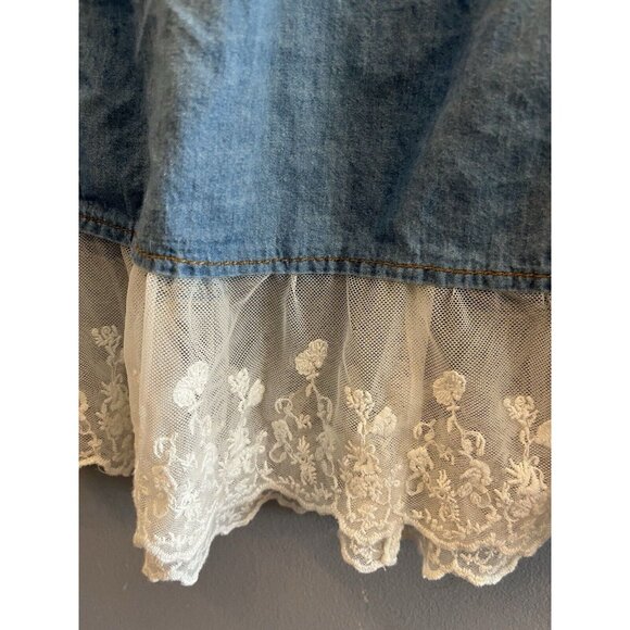 Say What? Denim Tattered Lace Chambray Pearl Button Up Shirt Top Womens 2X - Picture 7 of 7